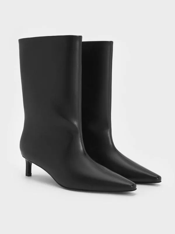 Women Elongated SquareToe KittenHeel Calf Boots 8211 Black CHARLES and KEITH Boots