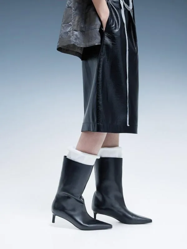 Women Elongated SquareToe KittenHeel Calf Boots 8211 Black CHARLES and KEITH Boots