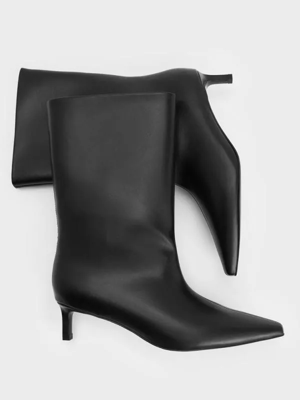 Women Elongated SquareToe KittenHeel Calf Boots 8211 Black CHARLES and KEITH Boots