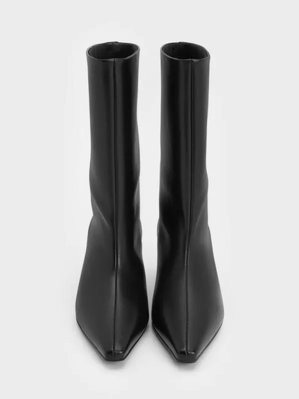 Women Elongated SquareToe KittenHeel Calf Boots 8211 Black CHARLES and KEITH Boots