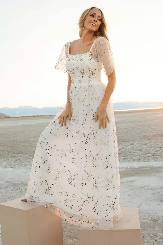 Women Embellished Sequin Baltic Born Cassandra Tulle Maxi Dress Metallic White