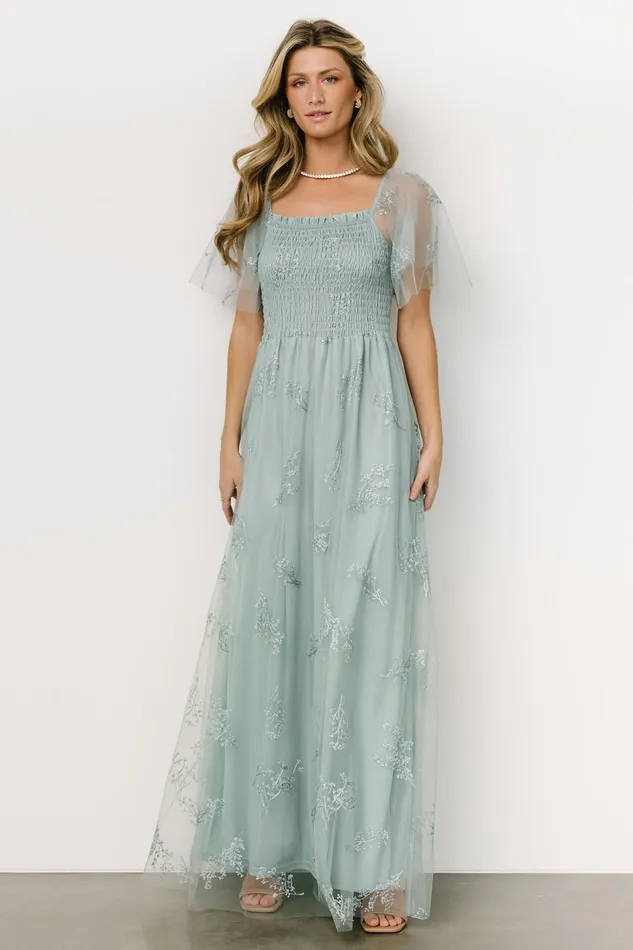 Women Embellished Sequin Baltic Born Cassandra Tulle Maxi Dress Sage Sparkle
