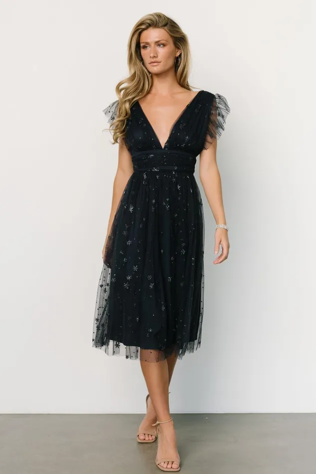 Women Embellished Sequin Baltic Born Chiara Shimmer Midi Dress Navy