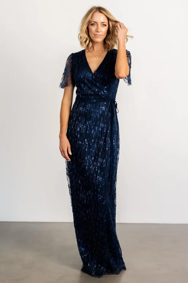 Women Embellished Sequin Baltic Born Liza Sequin Wrap Maxi Dress Navy