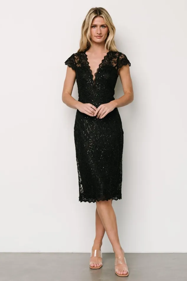 Women Embellished Sequin Baltic Born Oriana Embossed Shimmer Midi Dress Black