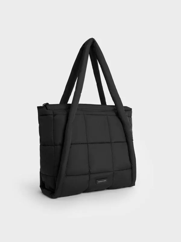 Women Errya Nylon Quilted Puffy Tote Bag 8211 Jet Black CHARLES and KEITH Slouchy Bags