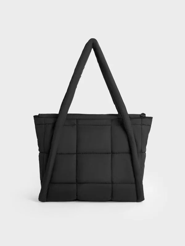 Women Errya Nylon Quilted Puffy Tote Bag 8211 Jet Black CHARLES and KEITH Slouchy Bags