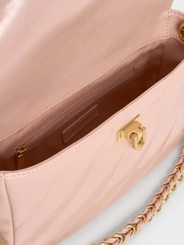 Women Fawn Panelled Front Flap ChainHandle Bag 8211 Light Pink CHARLES and KEITH Shoulder Bags