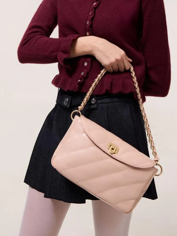 Women Fawn Panelled Front Flap ChainHandle Bag 8211 Light Pink CHARLES and KEITH Shoulder Bags