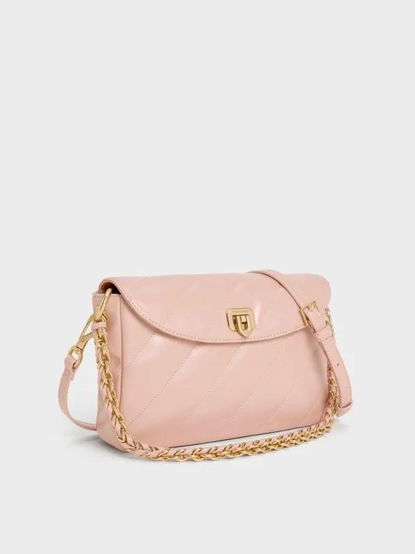 Women Fawn Panelled Front Flap ChainHandle Bag 8211 Light Pink CHARLES and KEITH Shoulder Bags