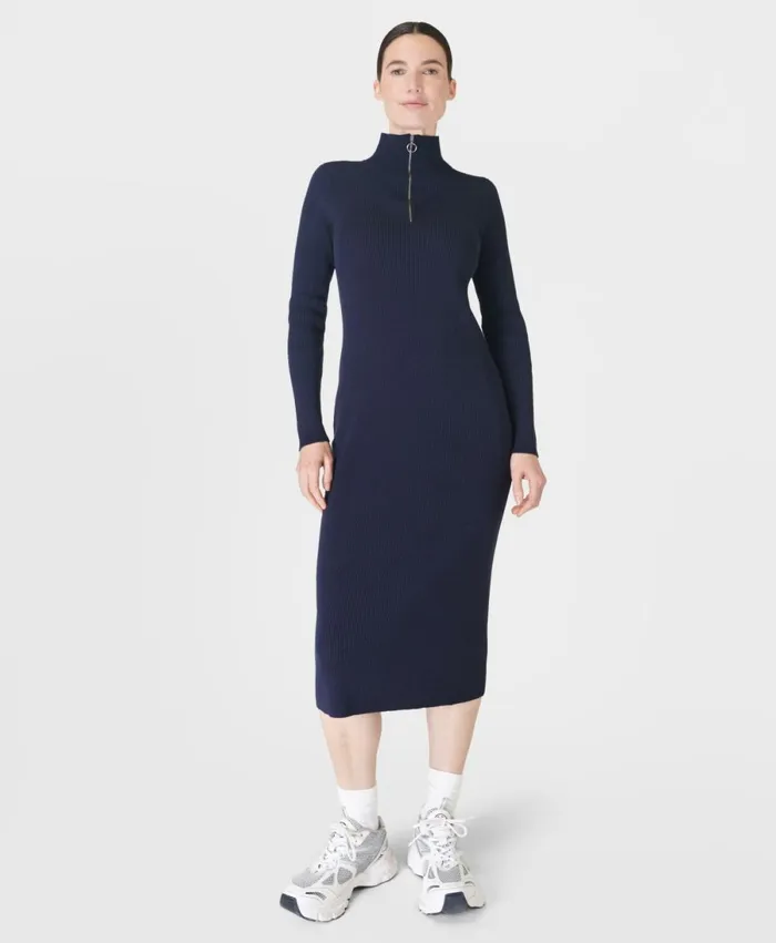 Women Frame Knitted Midi Dress Navy Blue Sweaty Betty Knitwear