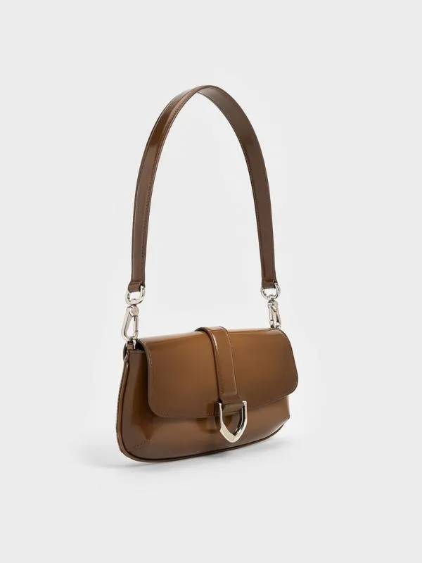 Women Gabine Leather Elongated Shoulder Bag 8211 Brown CHARLES and KEITH Crossbody Bags