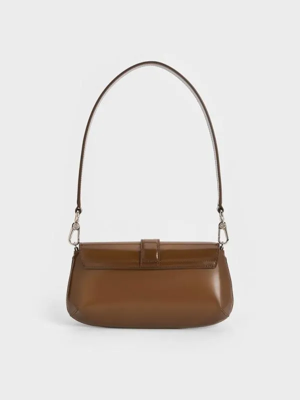 Women Gabine Leather Elongated Shoulder Bag 8211 Brown CHARLES and KEITH Crossbody Bags