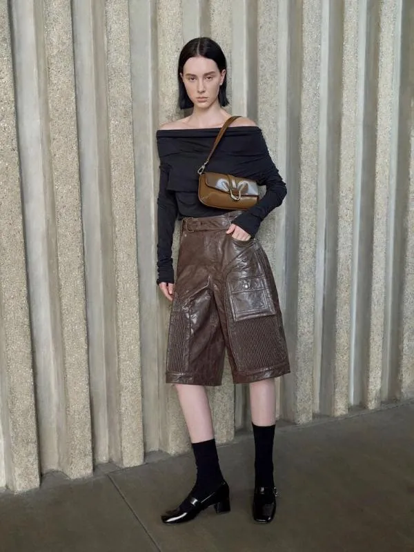 Women Gabine Leather Elongated Shoulder Bag 8211 Brown CHARLES and KEITH Crossbody Bags