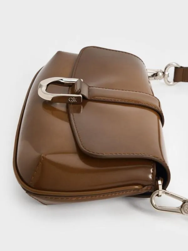 Women Gabine Leather Elongated Shoulder Bag 8211 Brown CHARLES and KEITH Crossbody Bags