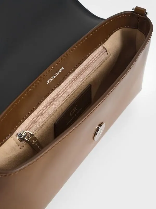 Women Gabine Leather Elongated Shoulder Bag 8211 Brown CHARLES and KEITH Crossbody Bags