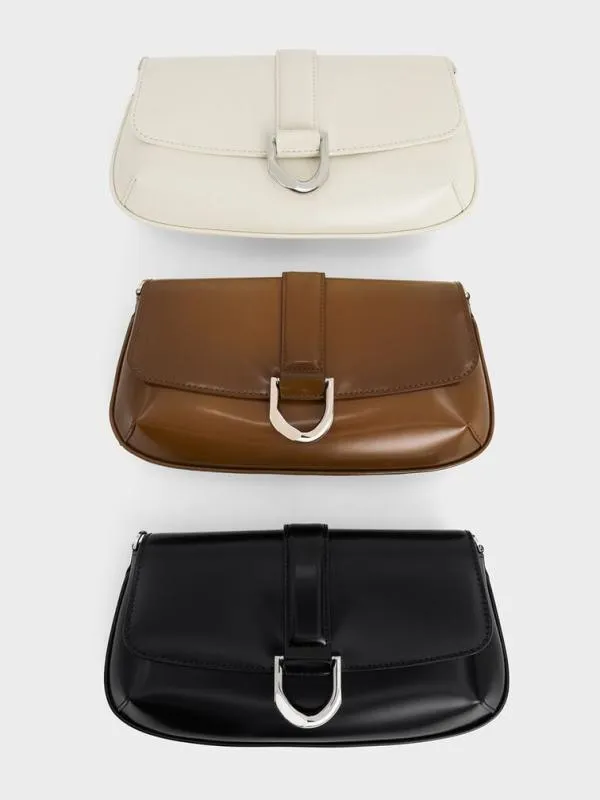 Women Gabine Leather Elongated Shoulder Bag 8211 Brown CHARLES and KEITH Crossbody Bags