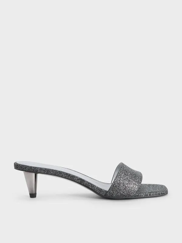 Women Glittered ConeHeel Mules 8211 Black Textured CHARLES and KEITH Heels