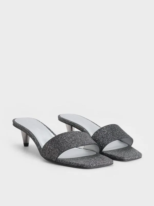 Women Glittered ConeHeel Mules 8211 Black Textured CHARLES and KEITH Heels