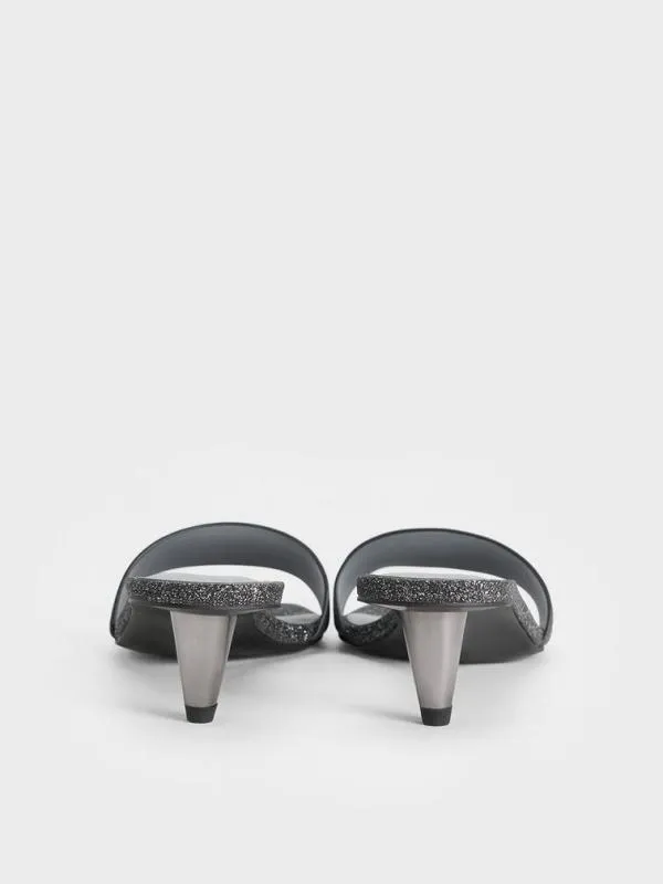 Women Glittered ConeHeel Mules 8211 Black Textured CHARLES and KEITH Heels