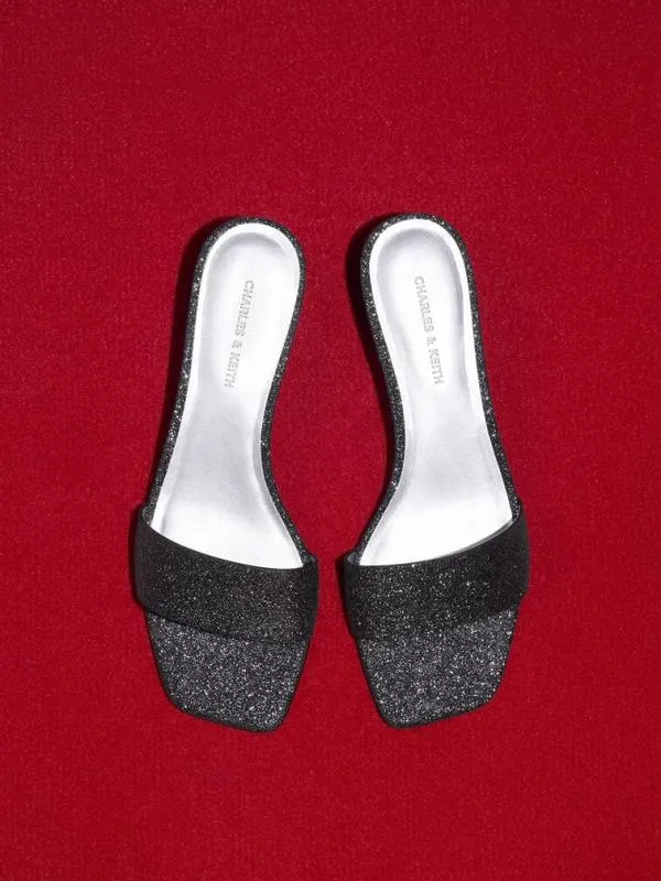 Women Glittered ConeHeel Mules 8211 Black Textured CHARLES and KEITH Heels