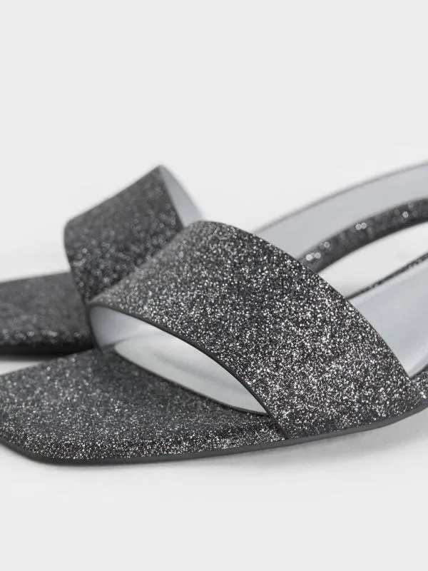 Women Glittered ConeHeel Mules 8211 Black Textured CHARLES and KEITH Heels