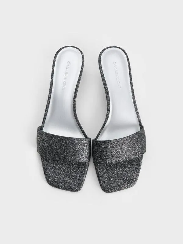 Women Glittered ConeHeel Mules 8211 Black Textured CHARLES and KEITH Heels