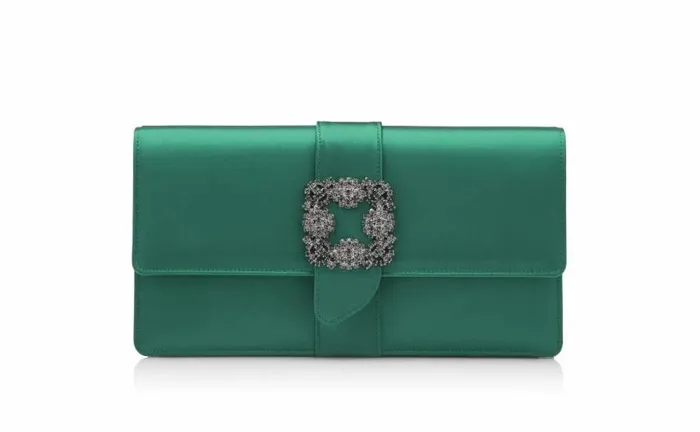Women Green Satin Jewel Buckle Clutch Manolo Blahnik Gifts For Her