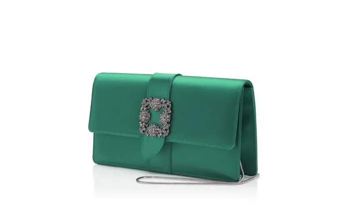 Women Green Satin Jewel Buckle Clutch Manolo Blahnik Gifts For Her