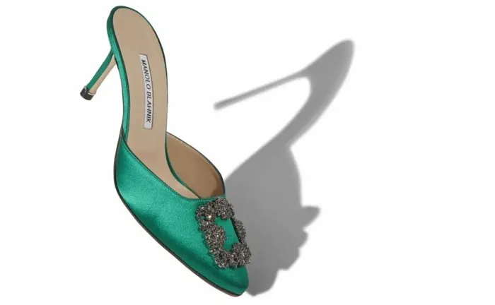 Women Green Satin Jewel Buckle Mules Manolo Blahnik Mules