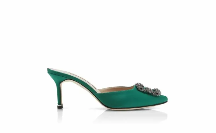 Women Green Satin Jewel Buckle Mules Manolo Blahnik Mules