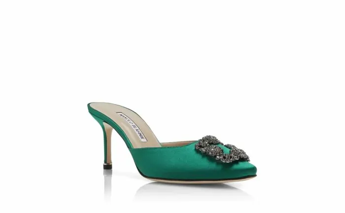 Women Green Satin Jewel Buckle Mules Manolo Blahnik Mules