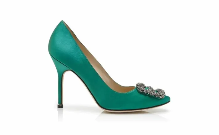 Women Green Satin Jewel Buckle Pumps Manolo Blahnik Pumps
