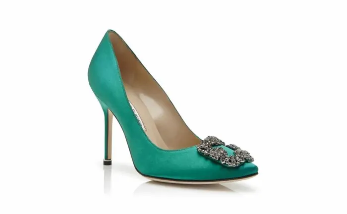 Women Green Satin Jewel Buckle Pumps Manolo Blahnik Pumps