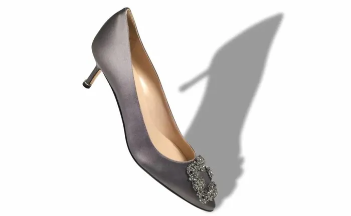 Women Grey Satin Jewel Buckle Pumps Manolo Blahnik Pumps