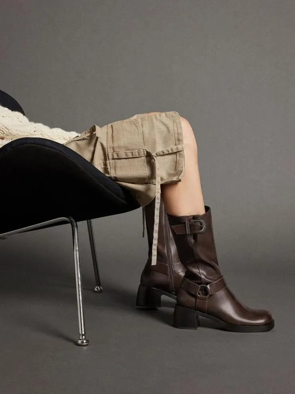 Women Kirke Buckled MidCalf Biker Boots 8211 Dark Brown CHARLES and KEITH Boots