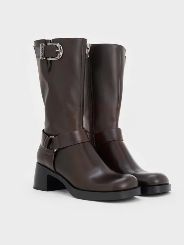 Women Kirke Buckled MidCalf Biker Boots 8211 Dark Brown CHARLES and KEITH Boots