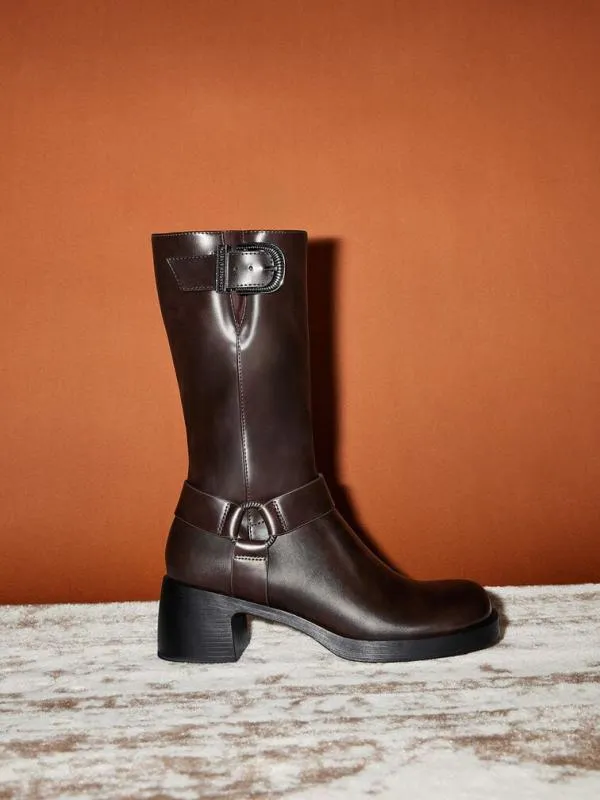 Women Kirke Buckled MidCalf Biker Boots 8211 Dark Brown CHARLES and KEITH Boots