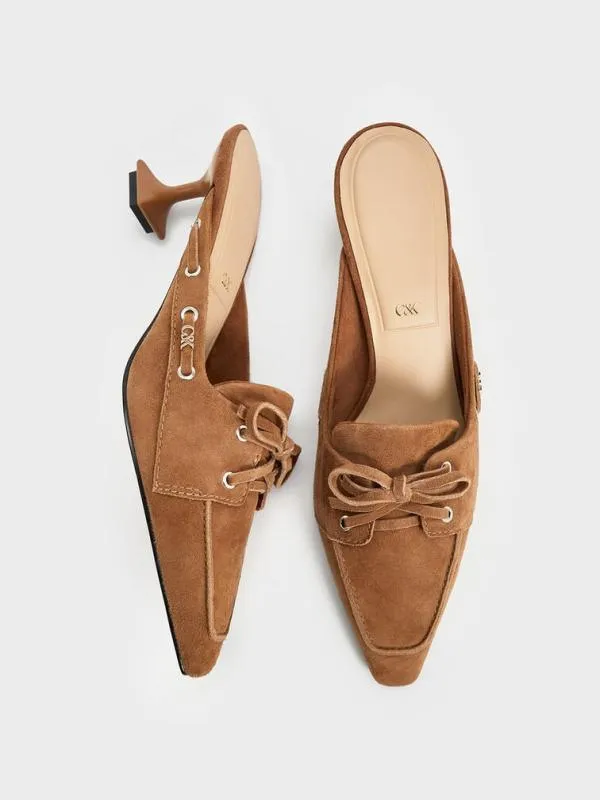 Women Kori Suede LaceUp SculpturalHeel Mules 8211 Cognac CHARLES and KEITH Heels
