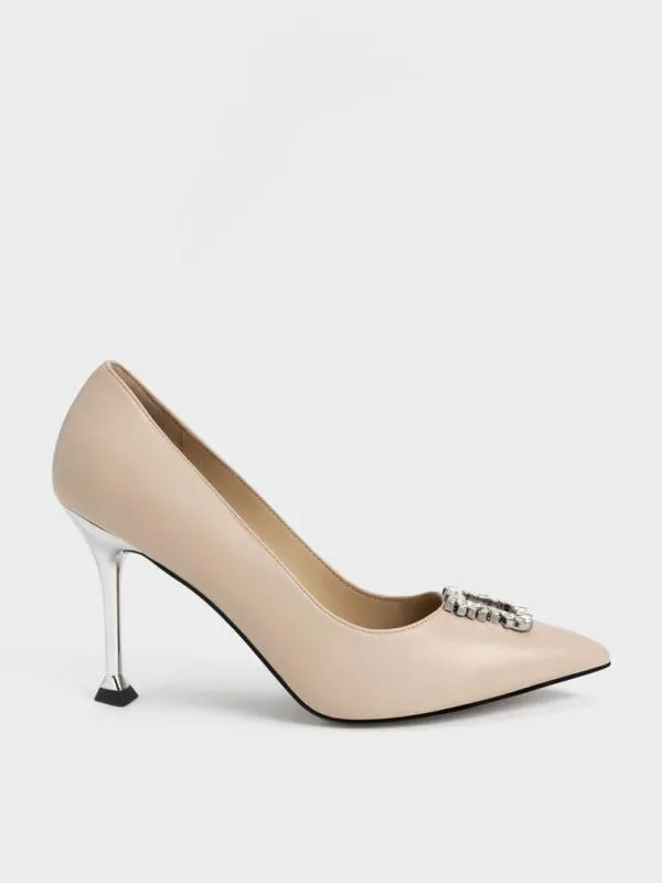 Women Leather GemEmbellished Pumps 8211 Nude CHARLES and KEITH Heels