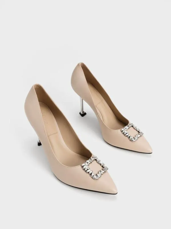 Women Leather GemEmbellished Pumps 8211 Nude CHARLES and KEITH Heels