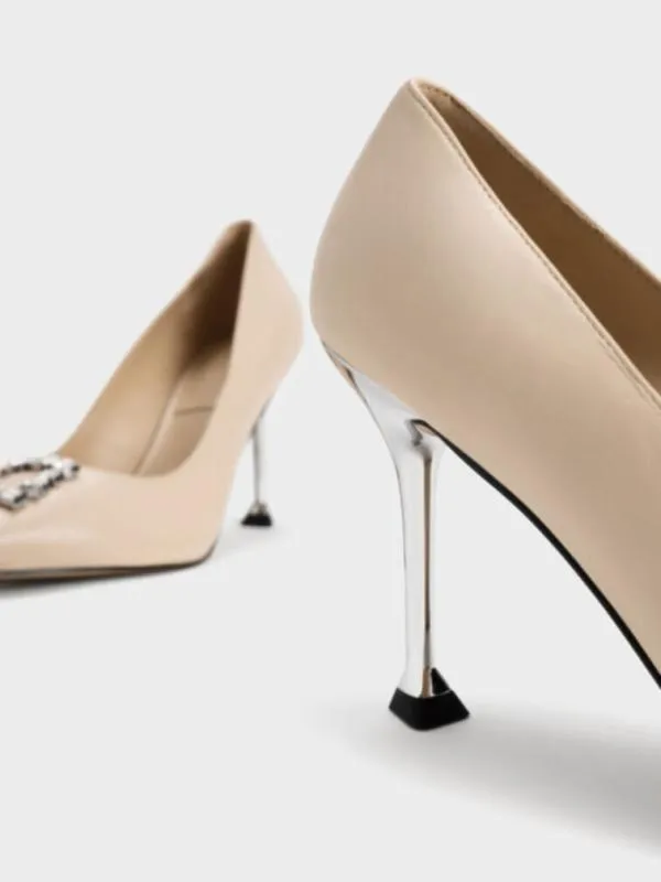 Women Leather GemEmbellished Pumps 8211 Nude CHARLES and KEITH Heels