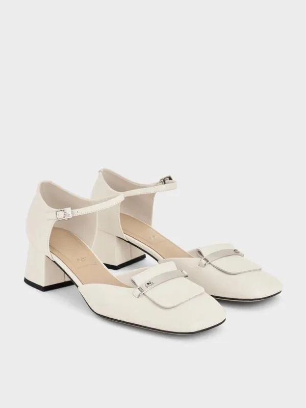 Women Leather SquareToe D039orsay AnkleStrap Pumps 8211 Chalk CHARLES and KEITH Heels
