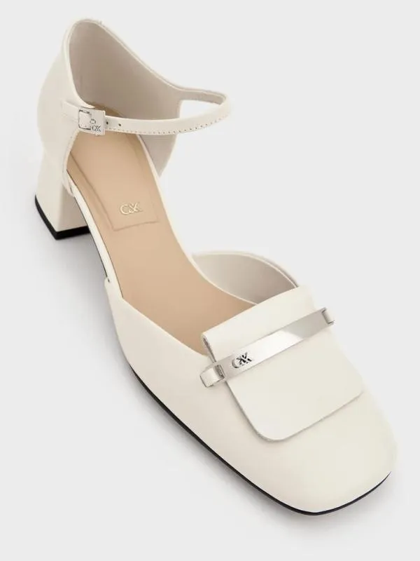 Women Leather SquareToe D039orsay AnkleStrap Pumps 8211 Chalk CHARLES and KEITH Heels