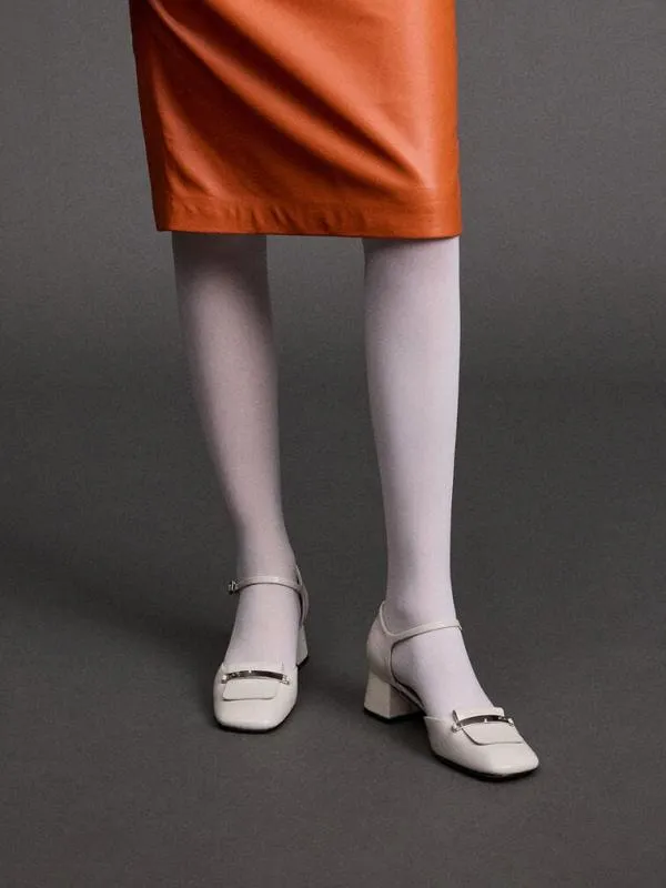Women Leather SquareToe D039orsay AnkleStrap Pumps 8211 Chalk CHARLES and KEITH Heels