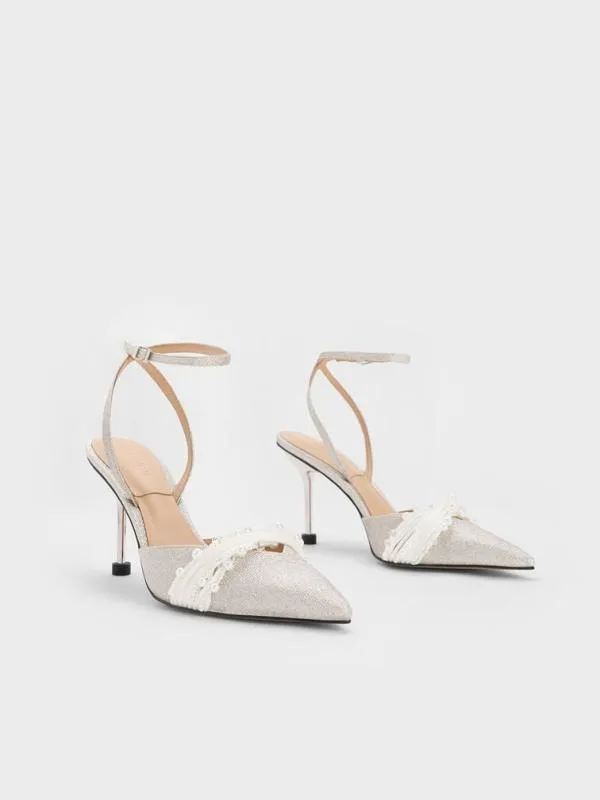 Women Leda Beaded Glittered AnkleStrap Pumps 8211 Silver CHARLES and KEITH Heels
