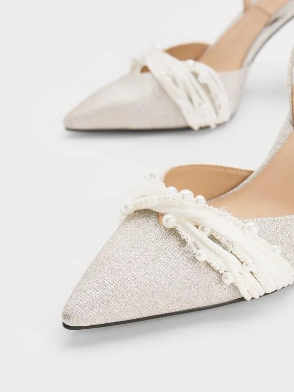 Women Leda Beaded Glittered AnkleStrap Pumps 8211 Silver CHARLES and KEITH Heels