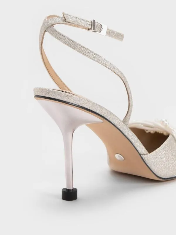 Women Leda Beaded Glittered AnkleStrap Pumps 8211 Silver CHARLES and KEITH Heels