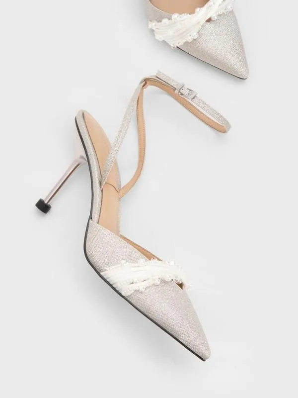Women Leda Beaded Glittered AnkleStrap Pumps 8211 Silver CHARLES and KEITH Heels