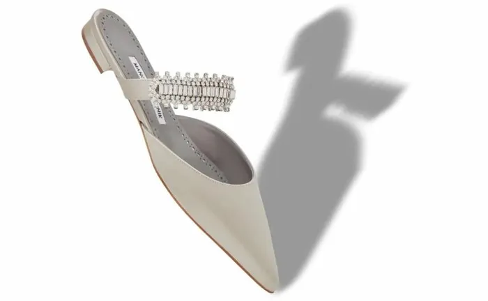 Women Light Grey Satin Crystal Embellished Flat Mules Manolo Blahnik Flats